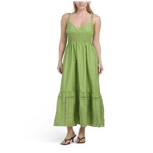 Moon River Green Smocked Waist Eyelet Midi Dress Sleeveless Size M NWT